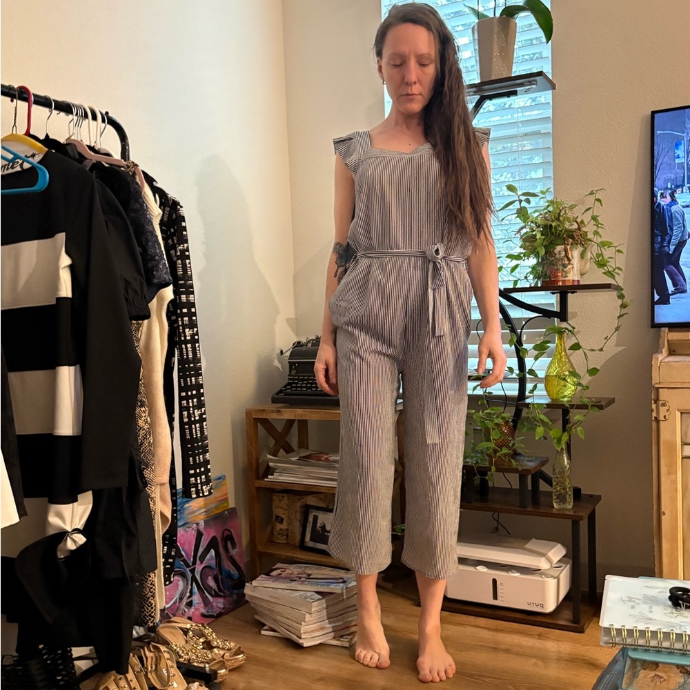 Monteau Blue and White Striped Jumpsuit